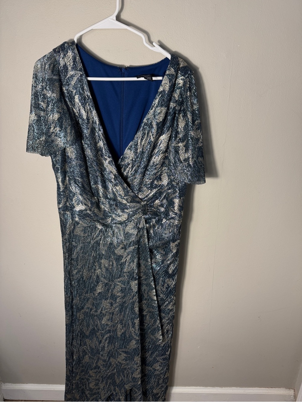 R&M Richards Size 16 Metallic Blue Gold Floral Formal Wedding Guest Dress
